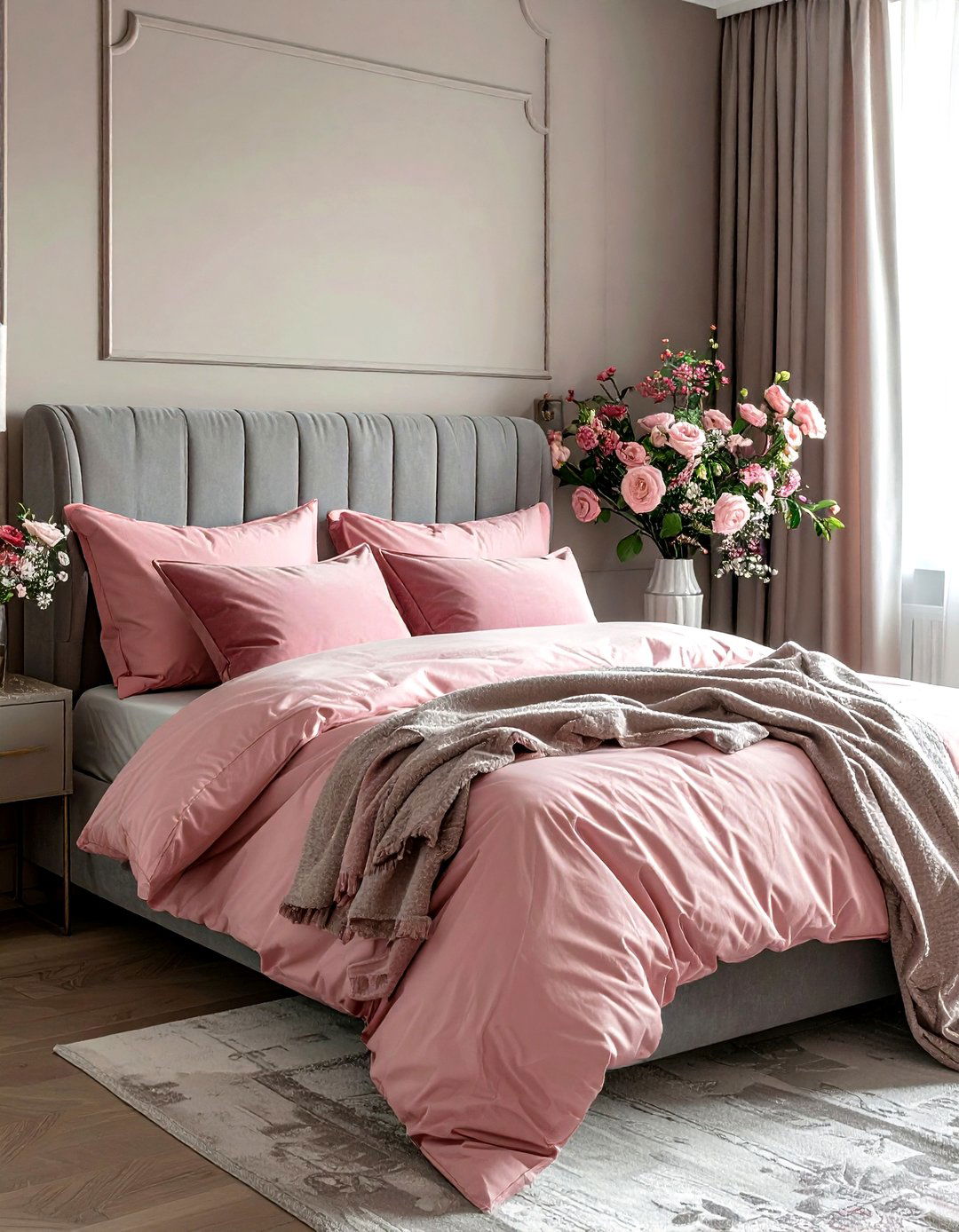 Gray and blush pink bedroom - 30 gray bedroom decor ideas