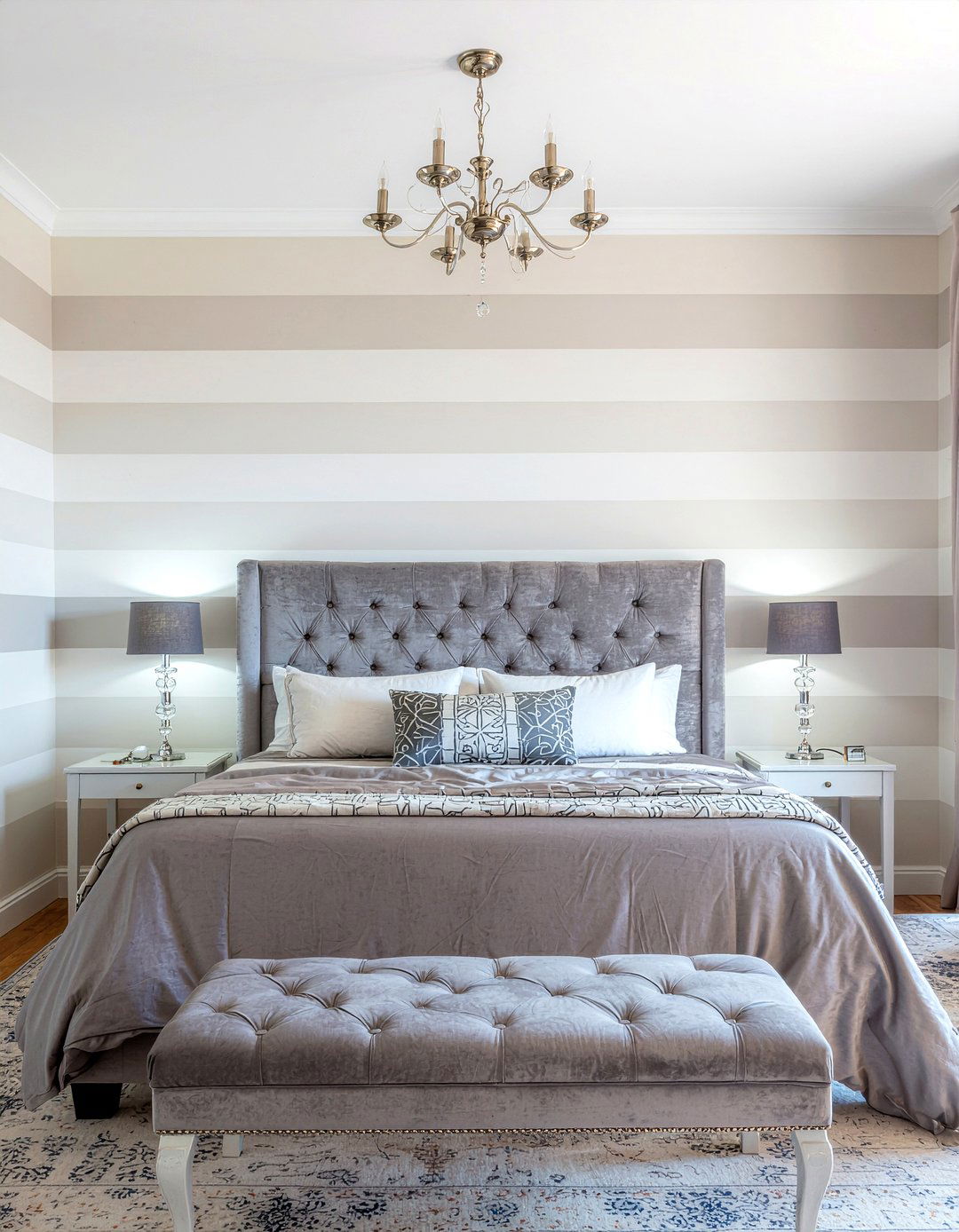 Gray and cream linen stripe wallpaper - 30 bedroom striped wallpapers