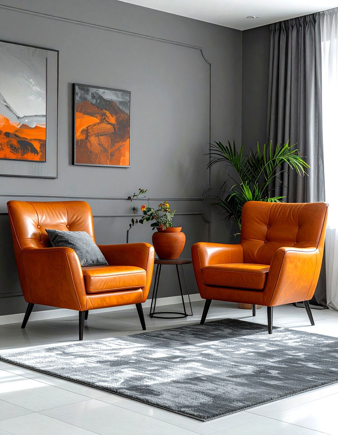 Gray and orange living room - 30 gray living room decor ideas