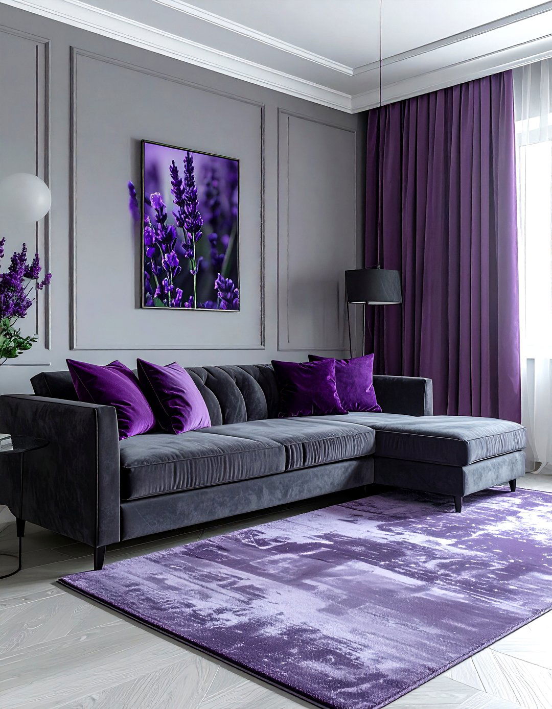 Gray and purple living room - 30 gray living room decor ideas