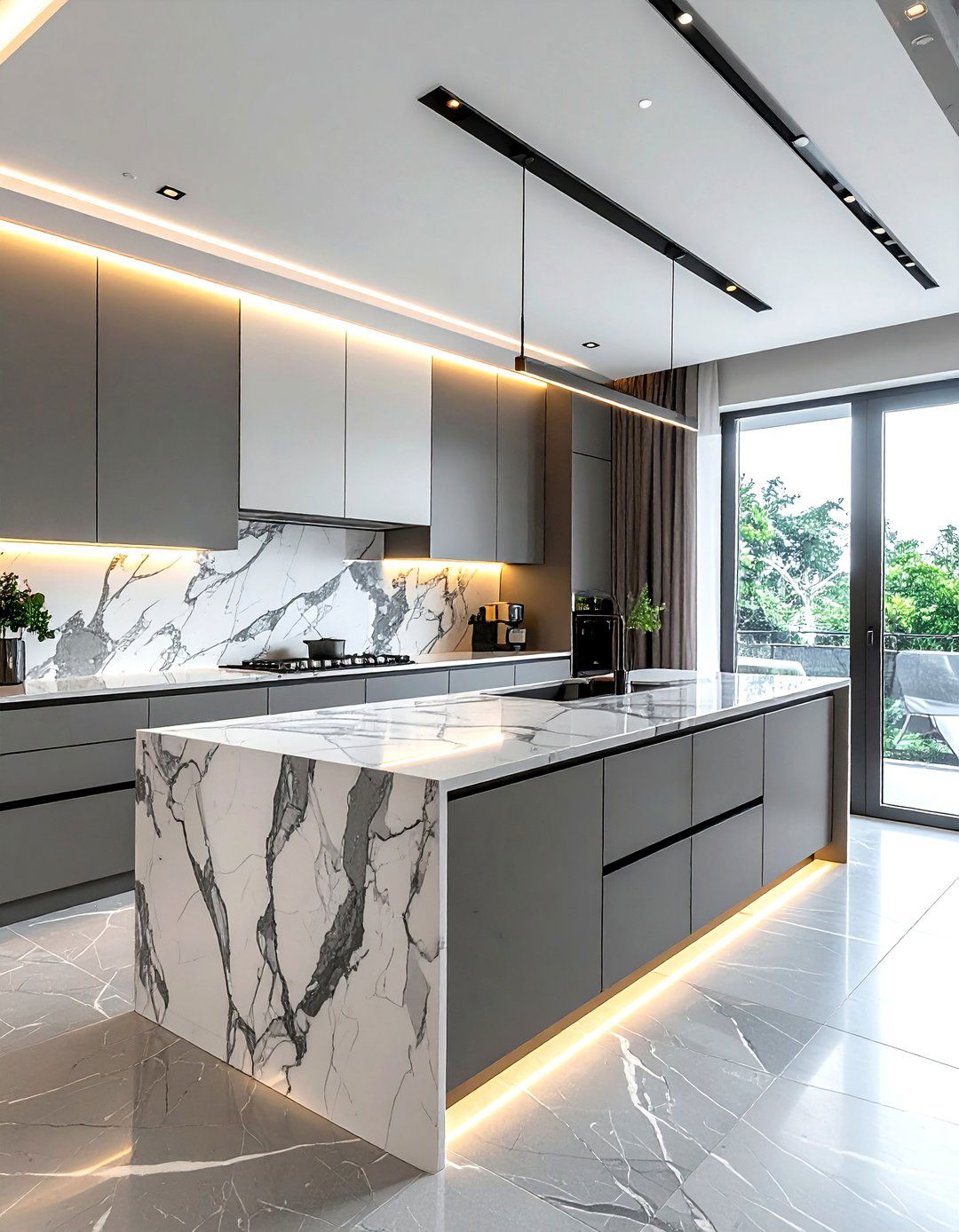 Gray and white marble backsplash - 30 gray kitchen decor ideas