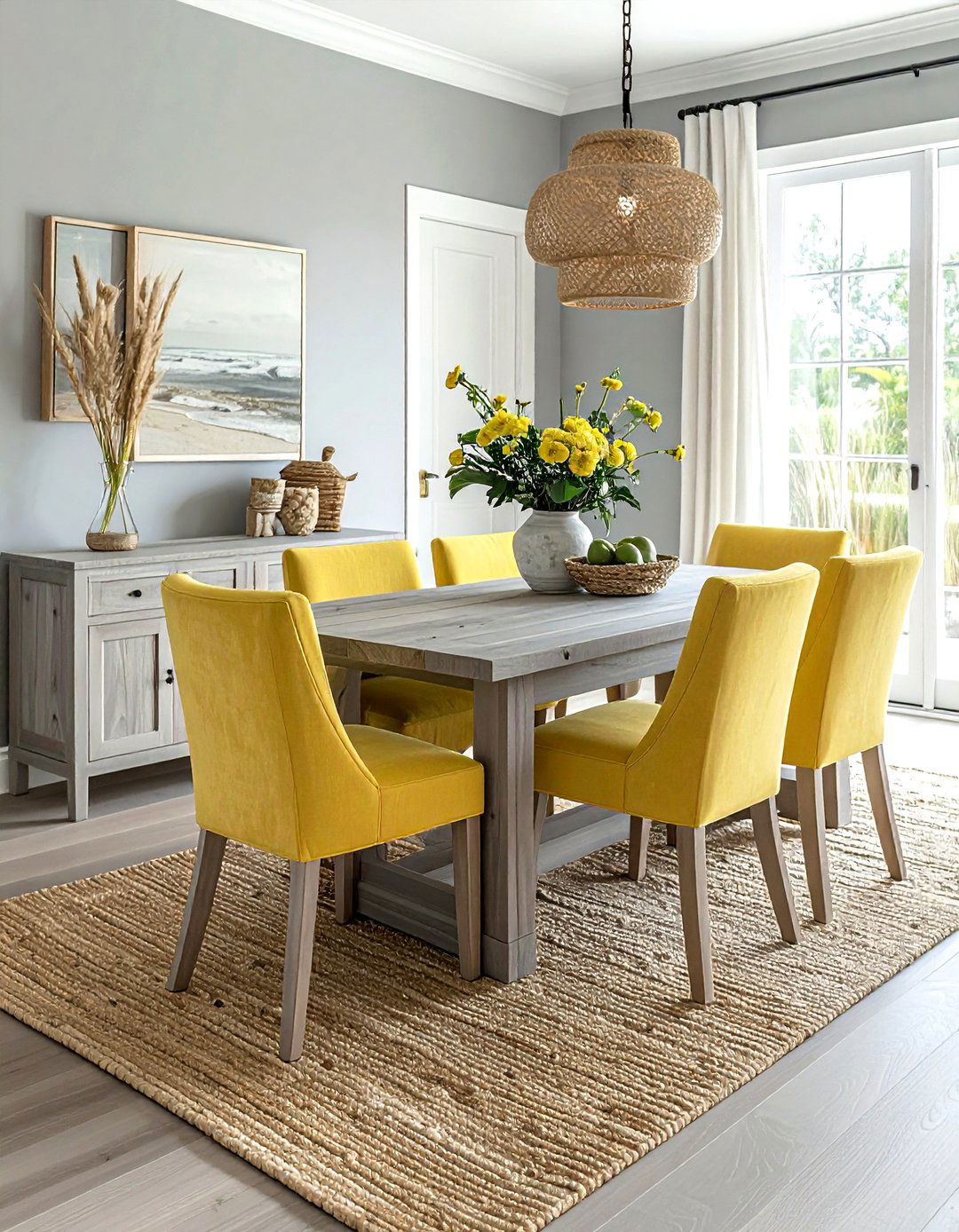 Gray and yellow coastal dining - 30 gray and yellow dining room ideas