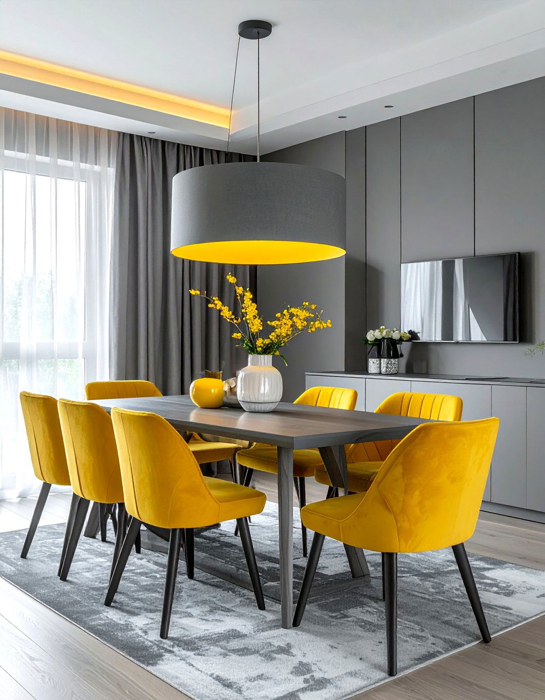 Gray and yellow dining lighting - 30 gray and yellow dining room ideas