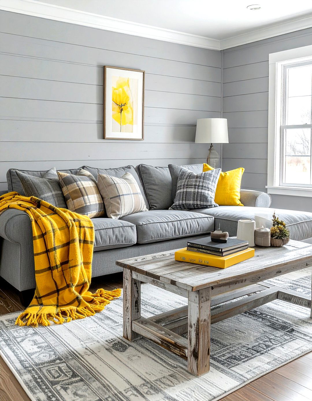 Gray and yellow farmhouse living room - 30 gray and yellow living room ideas