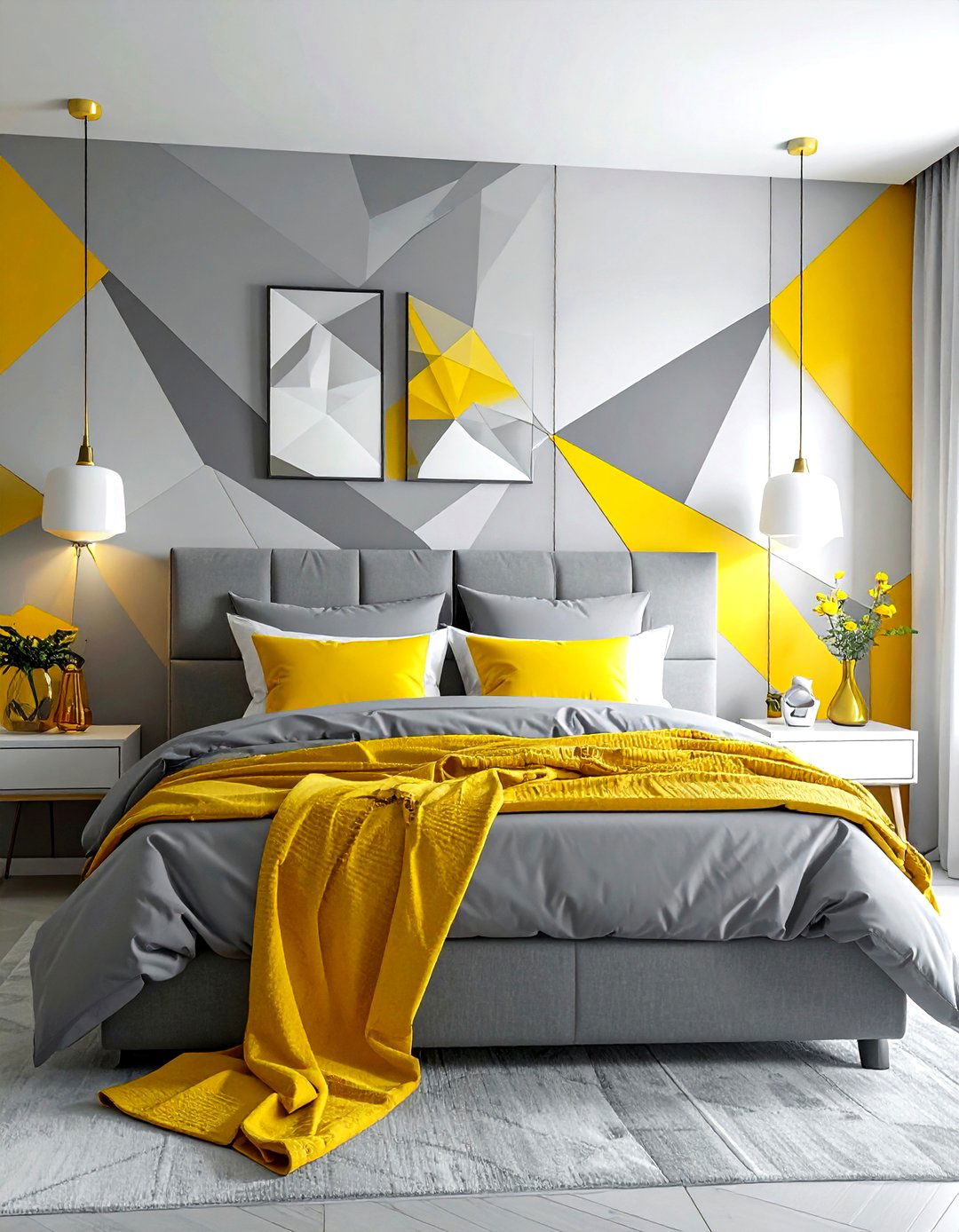 Gray and yellow geometric bedroom - 30 gray and yellow bedroom ideas