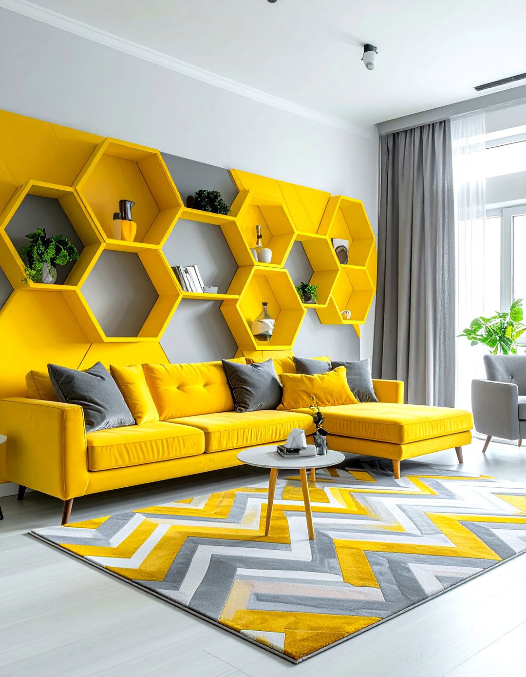 Gray and yellow geometric living room - 30 gray and yellow living room ideas