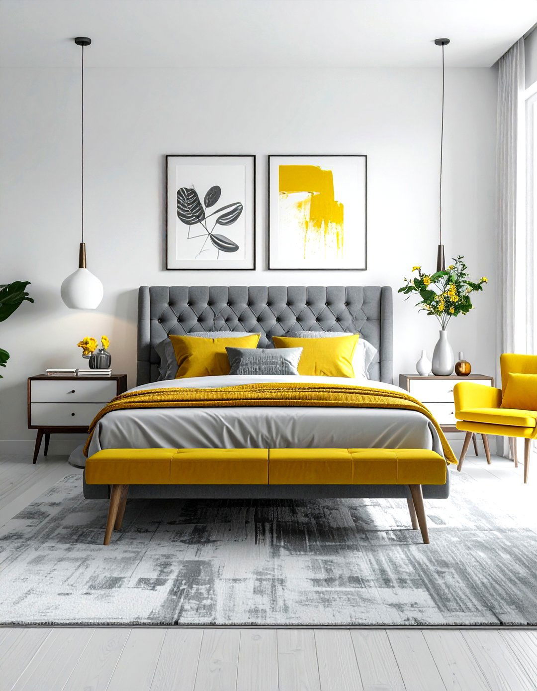 Gray and yellow mid century modern bedroom - 30 gray and yellow bedroom ideas