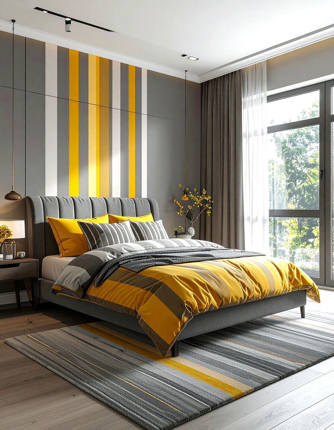 Gray and yellow striped bedroom - 30 gray and yellow bedroom ideas