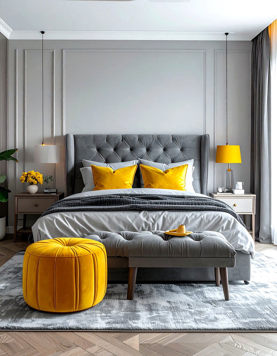 Gray and yellow velvet bedroom - 30 gray and yellow bedroom ideas