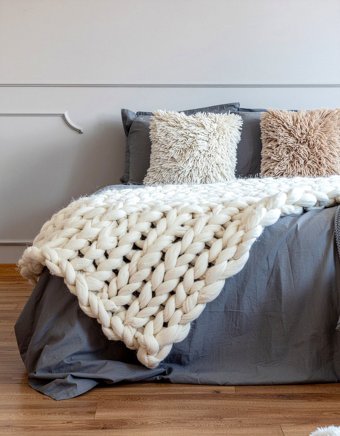 Gray bedroom chunky knit throw - 30 warm gray bedroom ideas