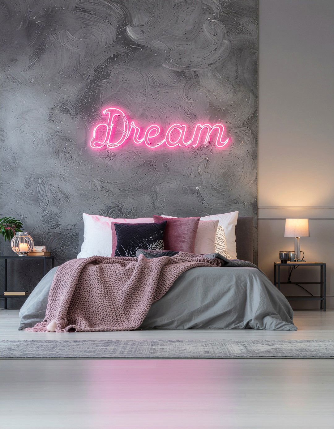 Gray bedroom pink neon sign - 30 pink and gray bedroom ideas
