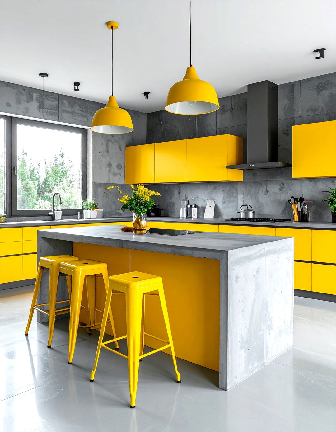 Gray concrete kitchen with yellow pops - 30 gray and yellow kitchen ideas