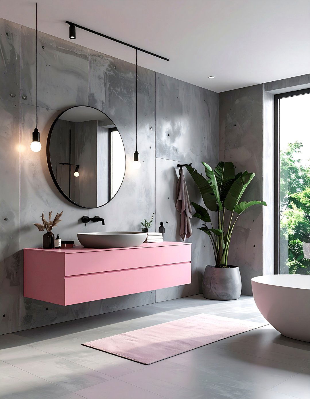 Gray concrete walls - 30 pink and gray bathroom ideas