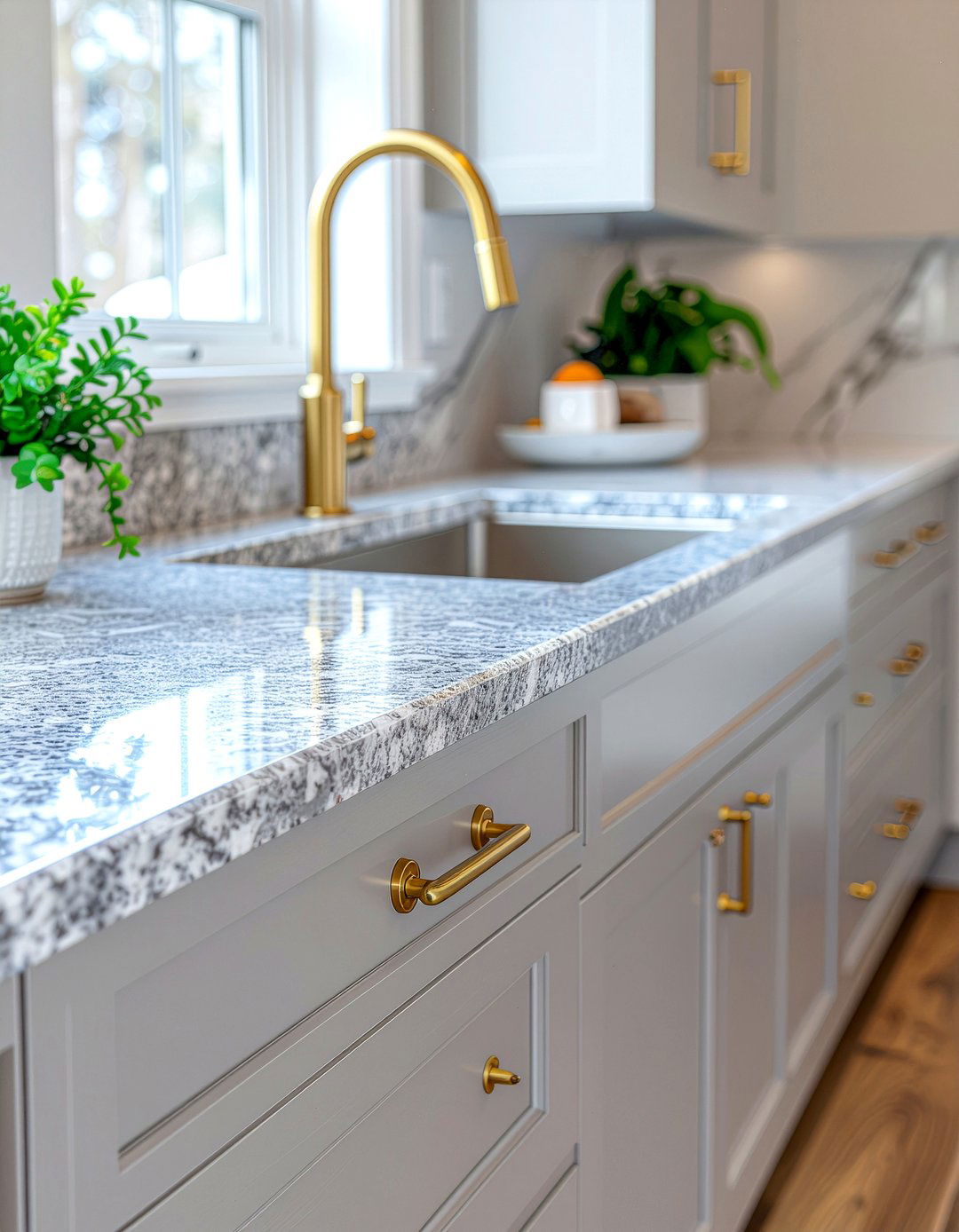 Gray countertops brass hardware - 30 gray countertop kitchen ideas
