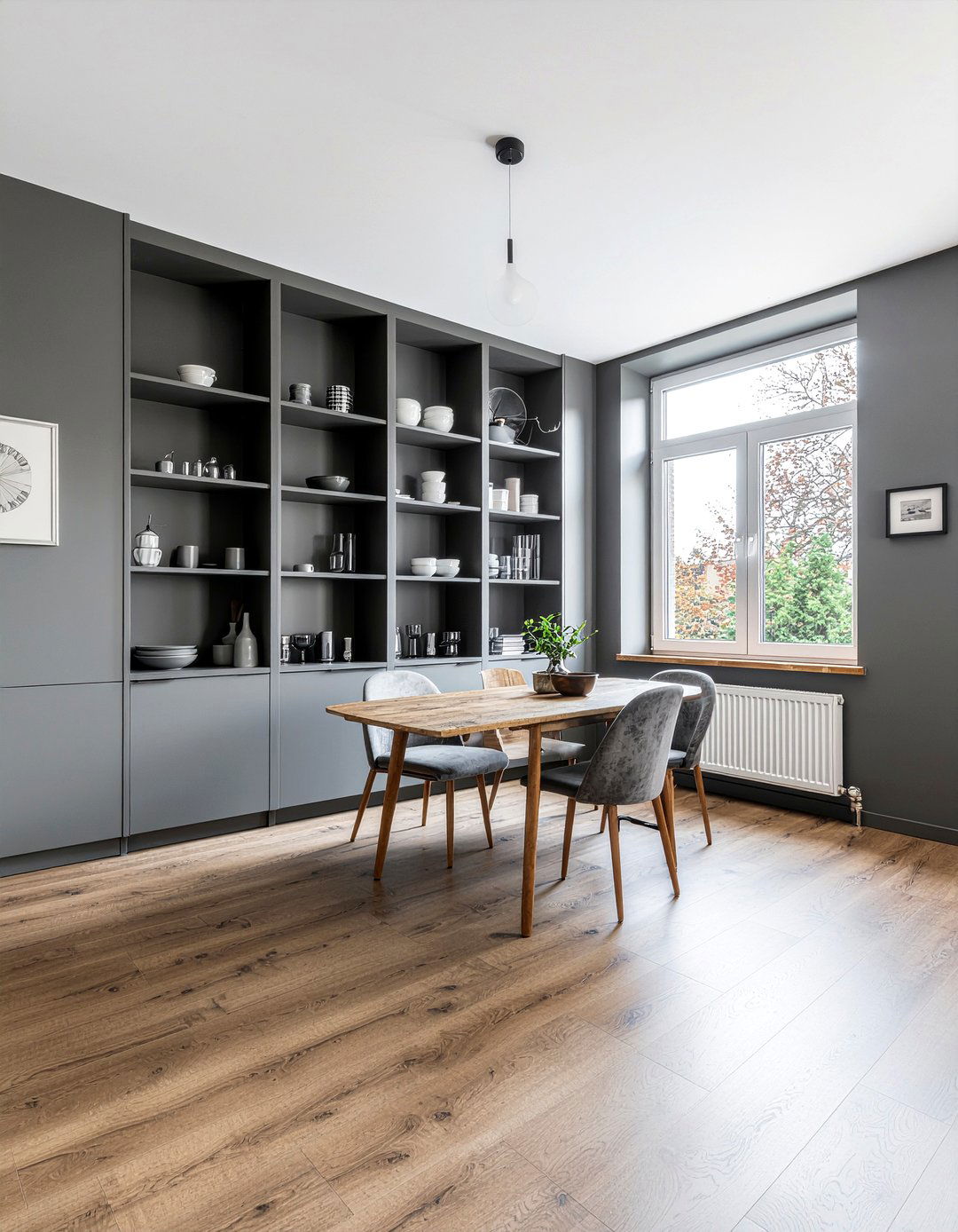 Gray dining room built in shelving - 30 dark gray dining room ideas