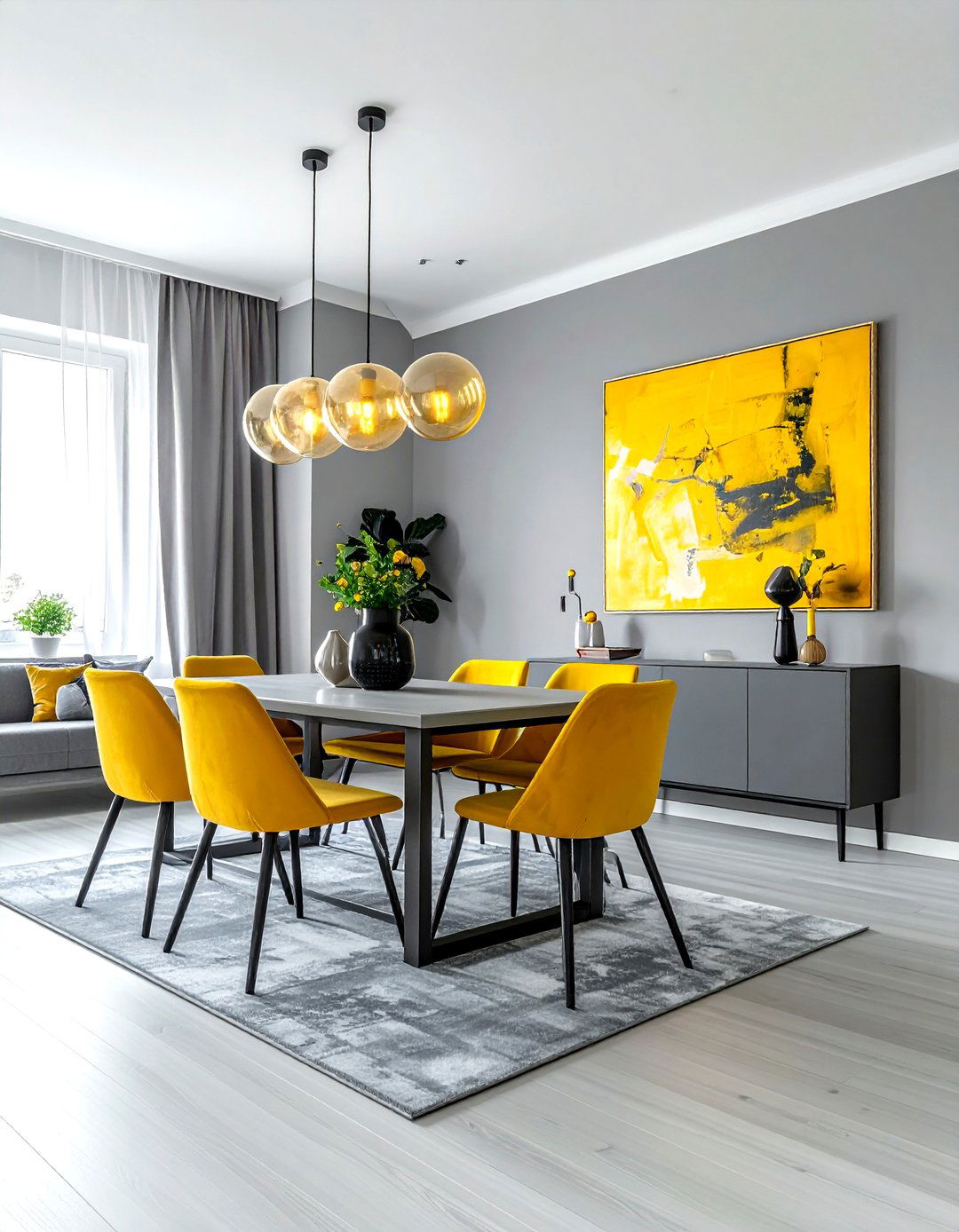 Gray dining room yellow art - 30 gray and yellow dining room ideas