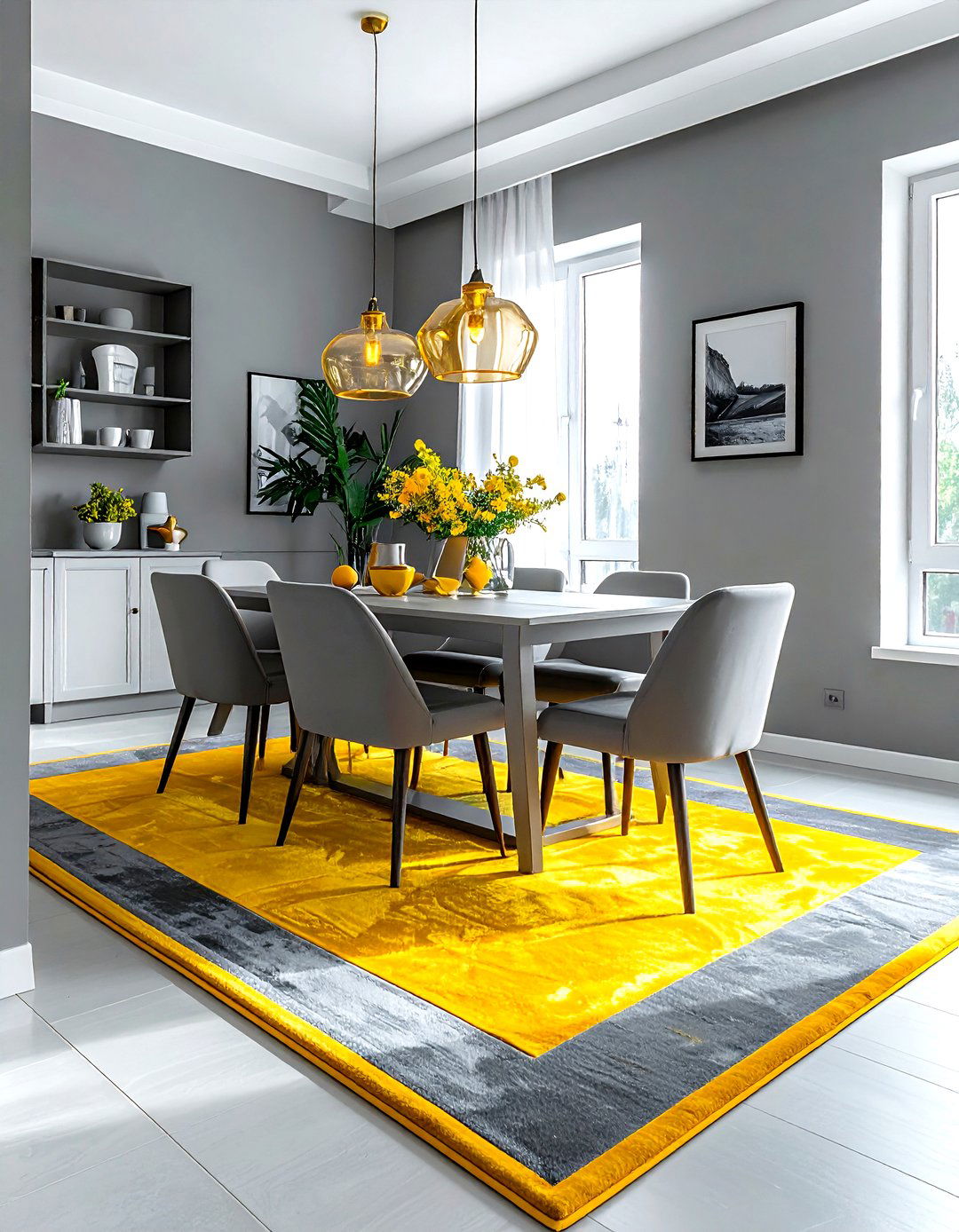Gray dining room yellow rug - 30 gray and yellow dining room ideas