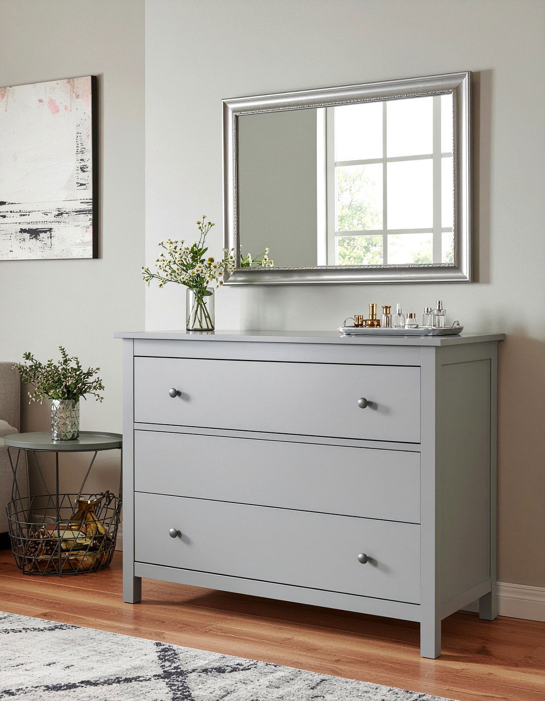 Gray dresser with rectangular mirror - 30 bedroom dresser with mirror ideas