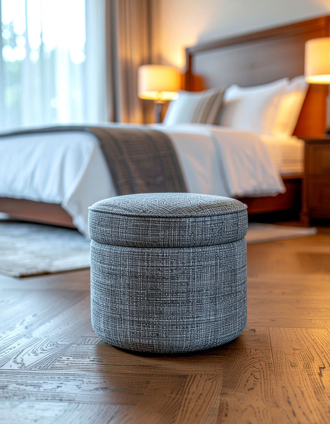 Gray fabric pouf - 30 bedroom poufs