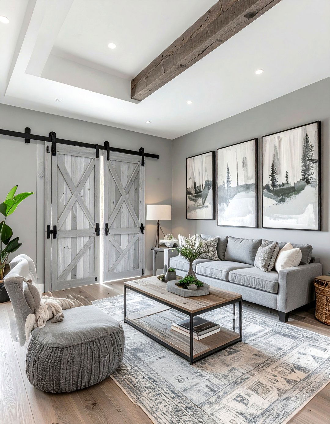 Gray farmhouse living room with barn doors - 30 farmhouse gray living room ideas