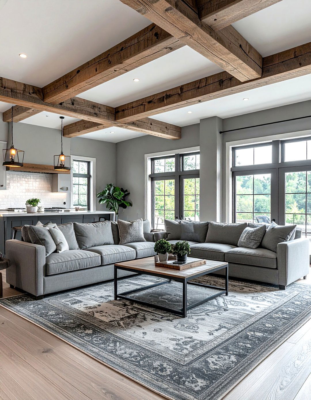 Gray farmhouse living room with exposed beams - 30 farmhouse gray living room ideas
