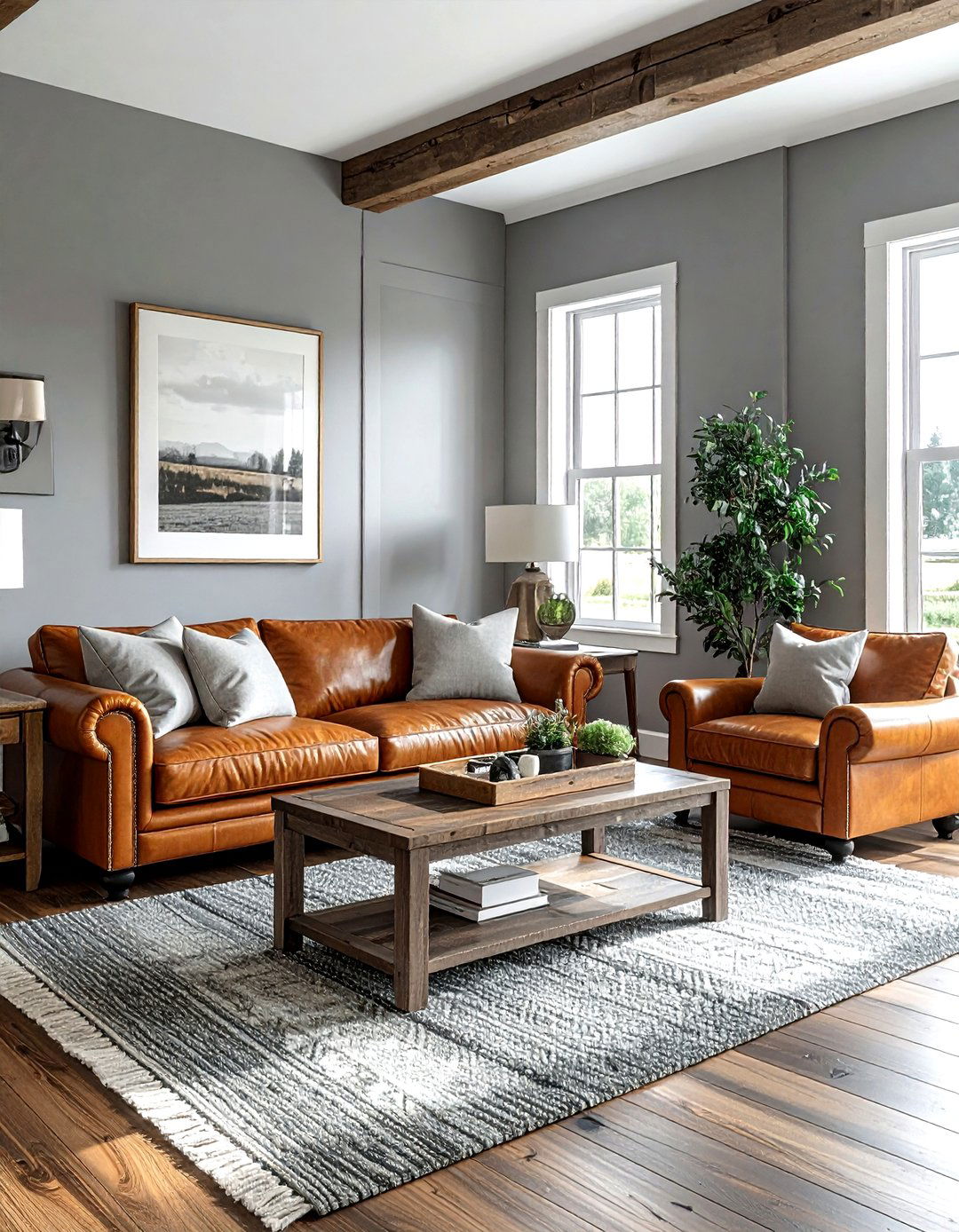 Gray farmhouse living room with leather furniture - 30 farmhouse gray living room ideas