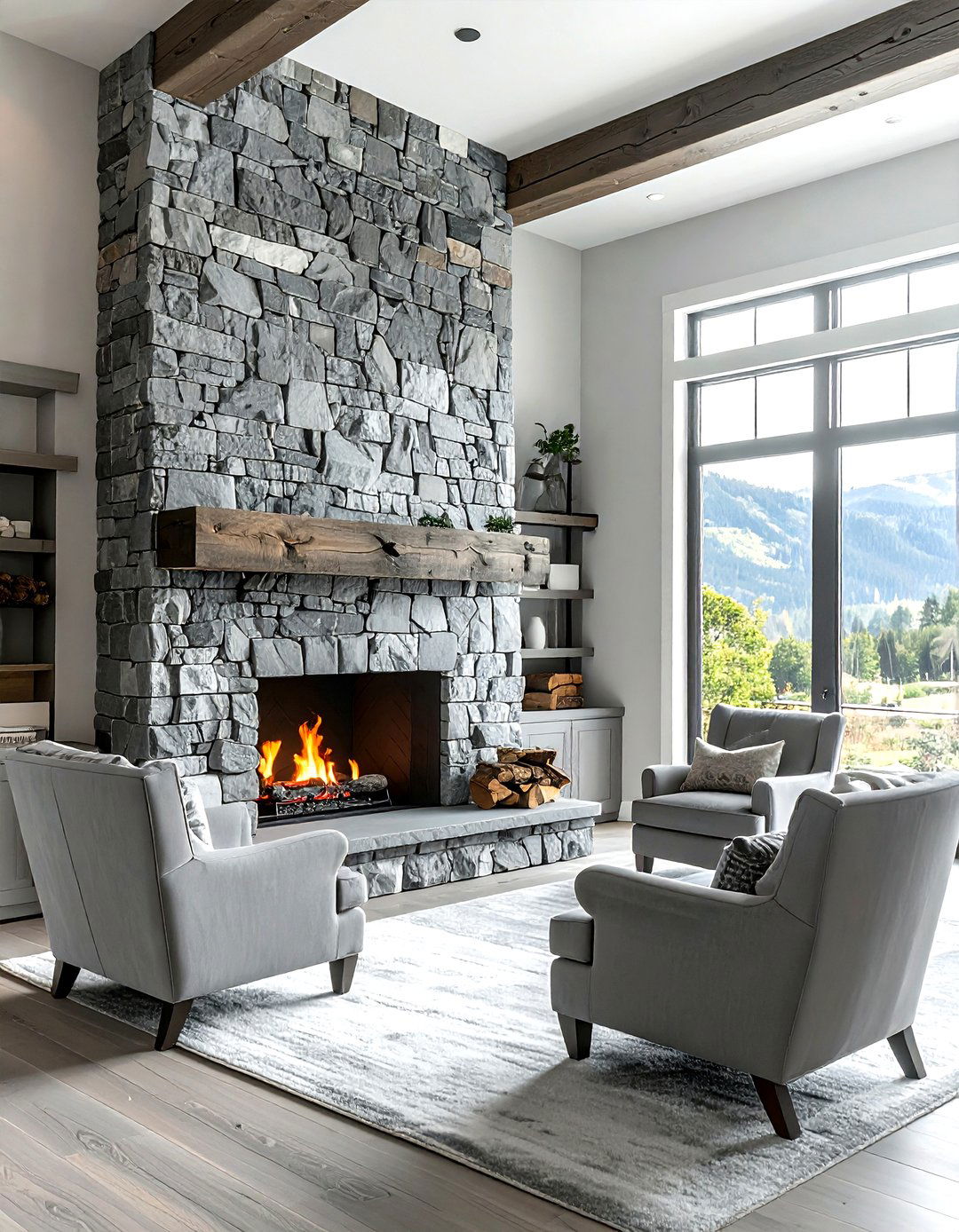 Gray farmhouse living room with stone fireplace - 30 farmhouse gray living room ideas