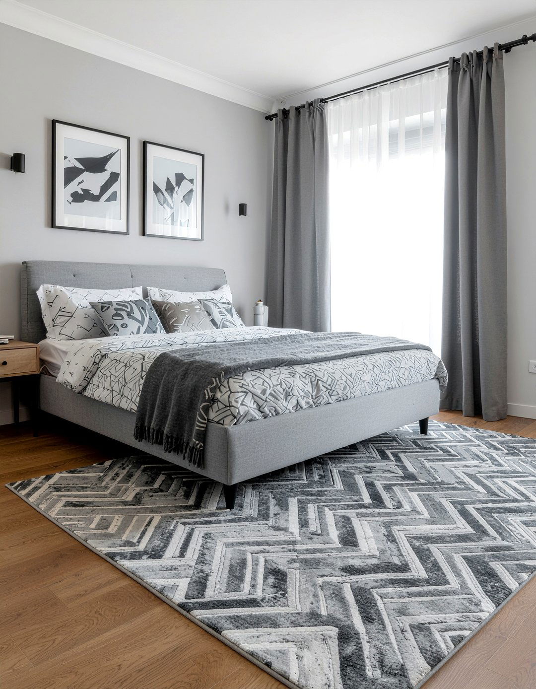Gray geometric bedroom rug - 30 all gray bedroom ideas
