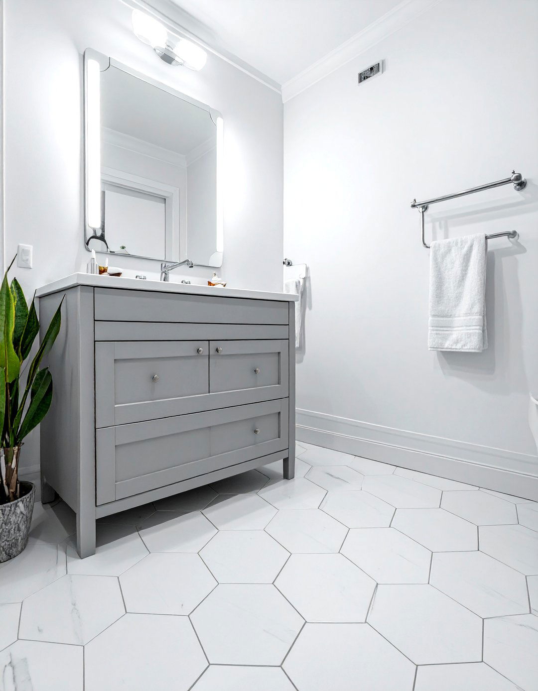 Gray grout white hexagon tile floor - 30 white hexagon tile bathroom ideas