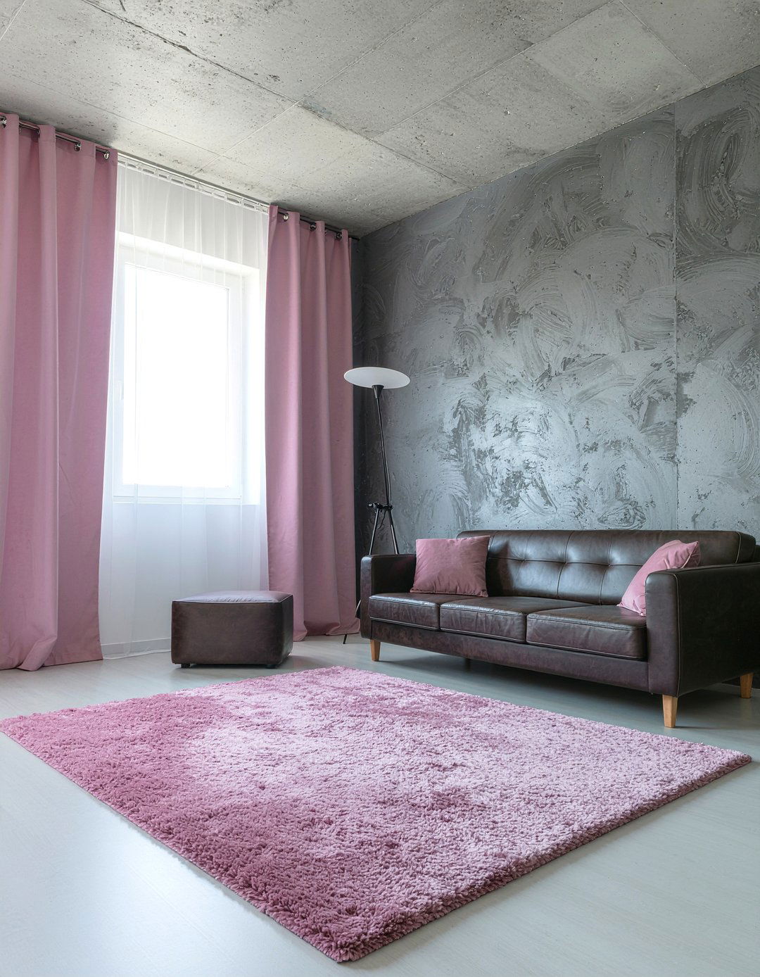 Gray industrial loft pink textiles - 30 pink and gray living room ideas