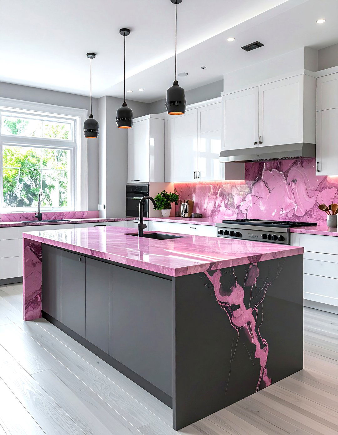 Gray kitchen island pink quartz - 30 pink and gray kitchen ideas