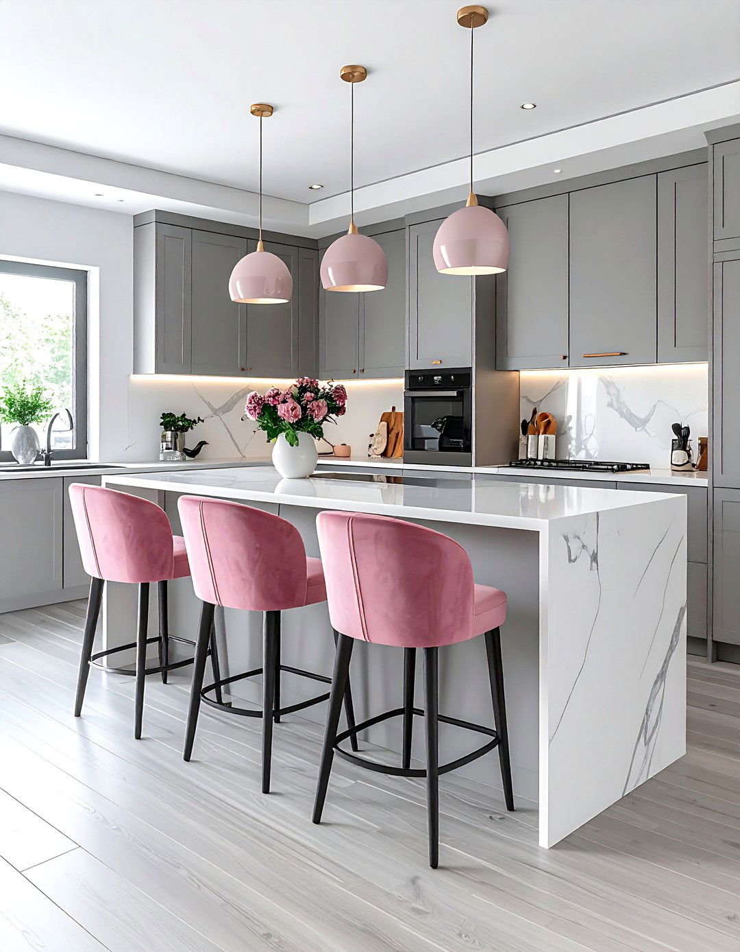 Gray kitchen pink bar stools - 30 pink and gray kitchen ideas