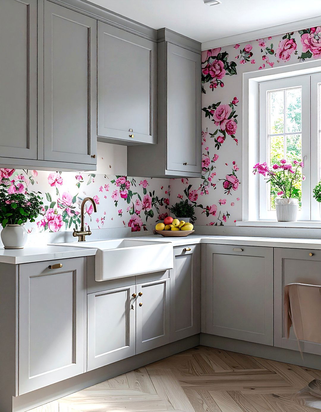 Gray kitchen pink floral wallpaper - 30 pink and gray kitchen ideas