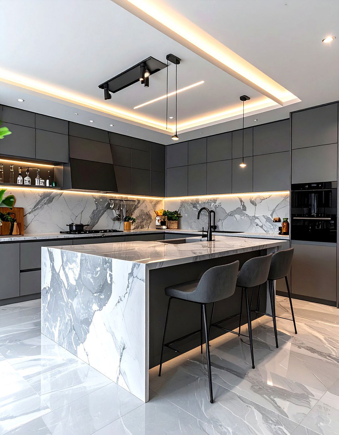 Gray kitchen with waterfall island - 30 cool gray kitchen ideas