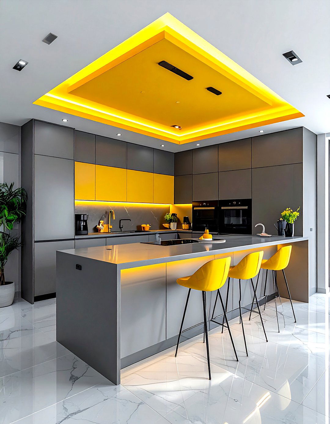 Gray kitchen with yellow ceiling paint - 30 gray and yellow kitchen ideas
