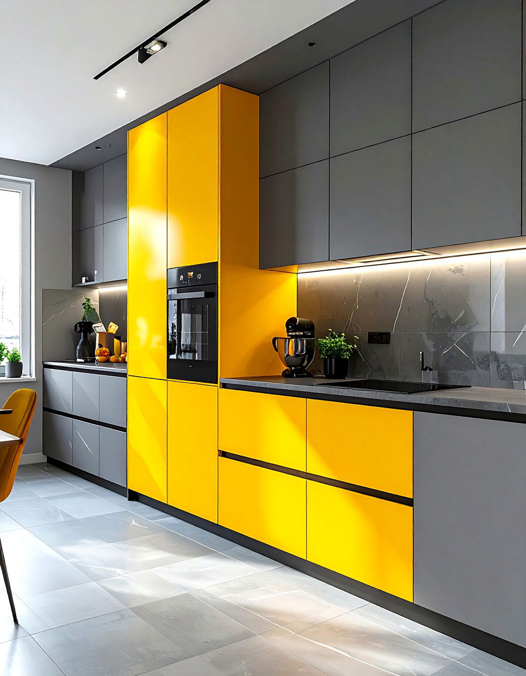 Gray kitchen with yellow pantry door - 30 gray and yellow kitchen ideas
