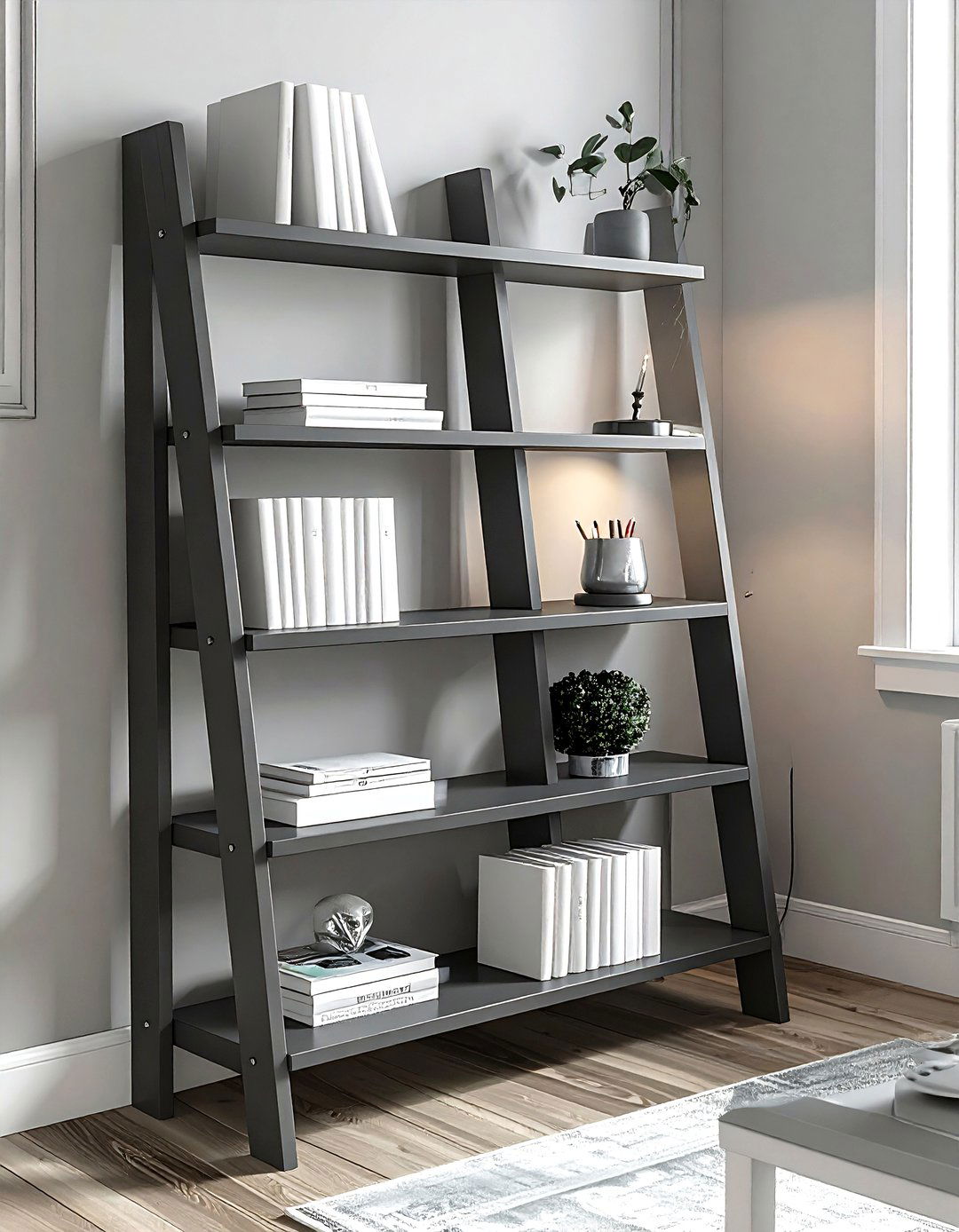Gray ladder shelf - 30 living room ladder shelf ideas