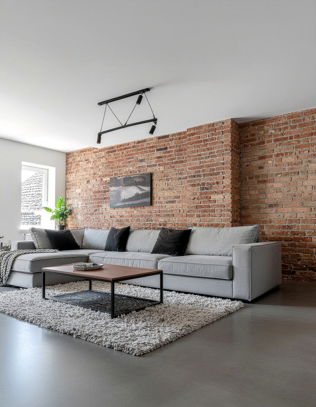 Gray living room with brick wall - 30 living room gray walls