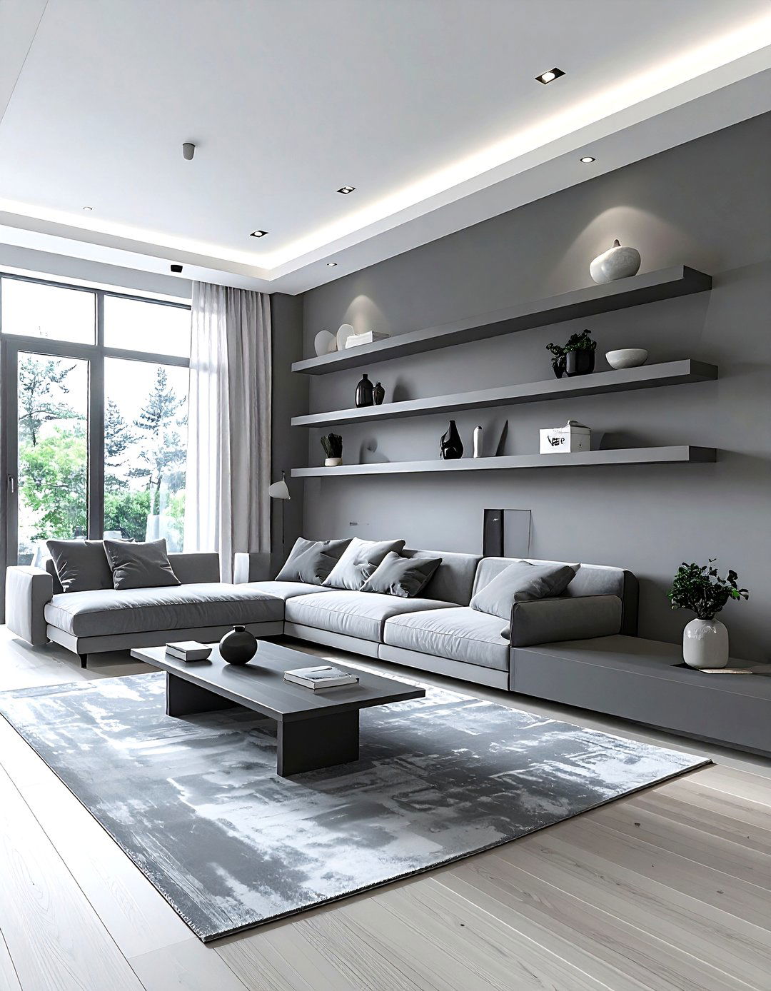 Gray living room with floating shelves - 30 minimalist gray living room ideas