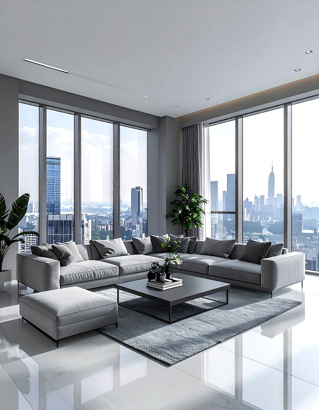 Gray living room with floor to ceiling windows - 30 minimalist gray living room ideas