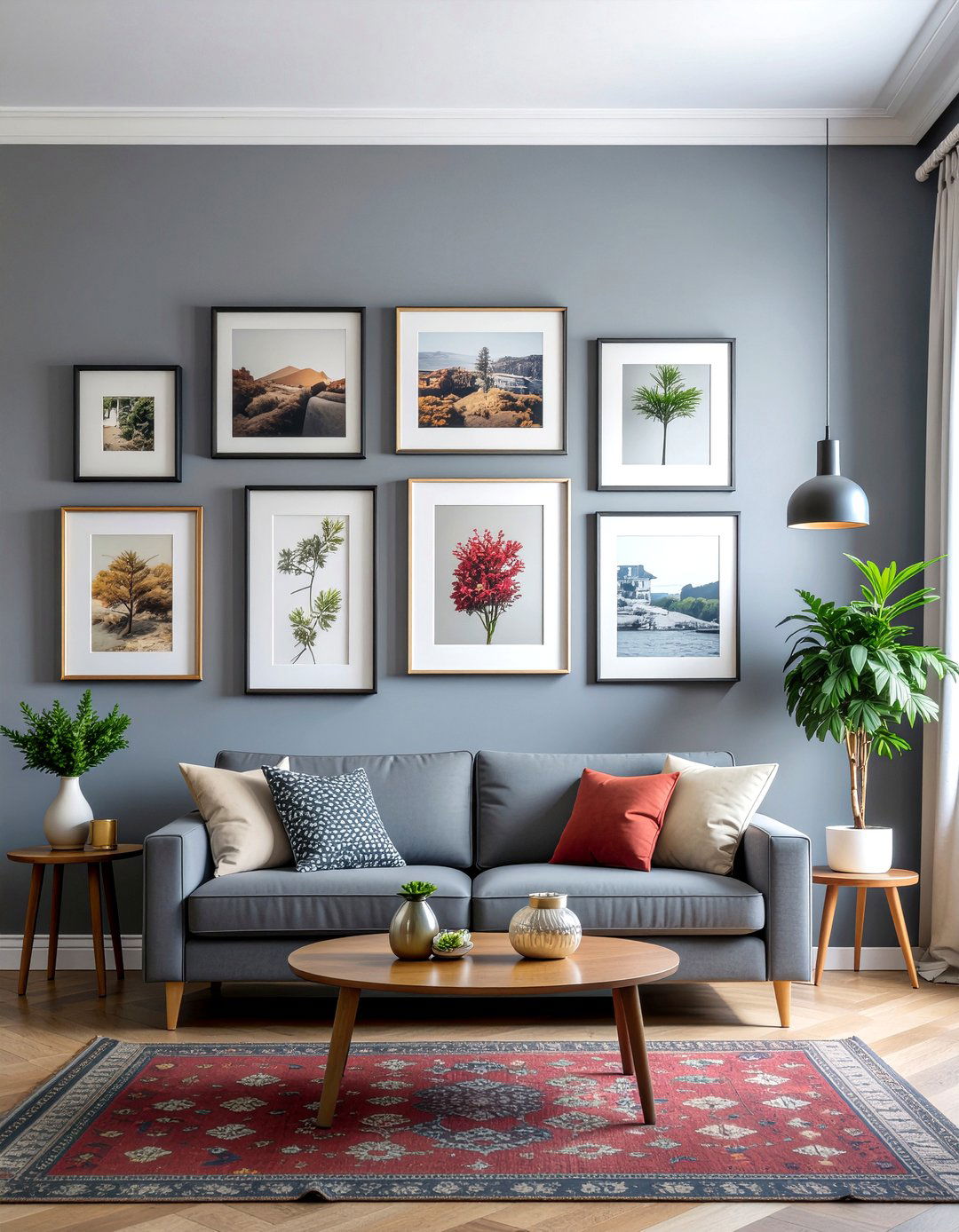 Gray living room with gallery wall - 30 living room gray walls