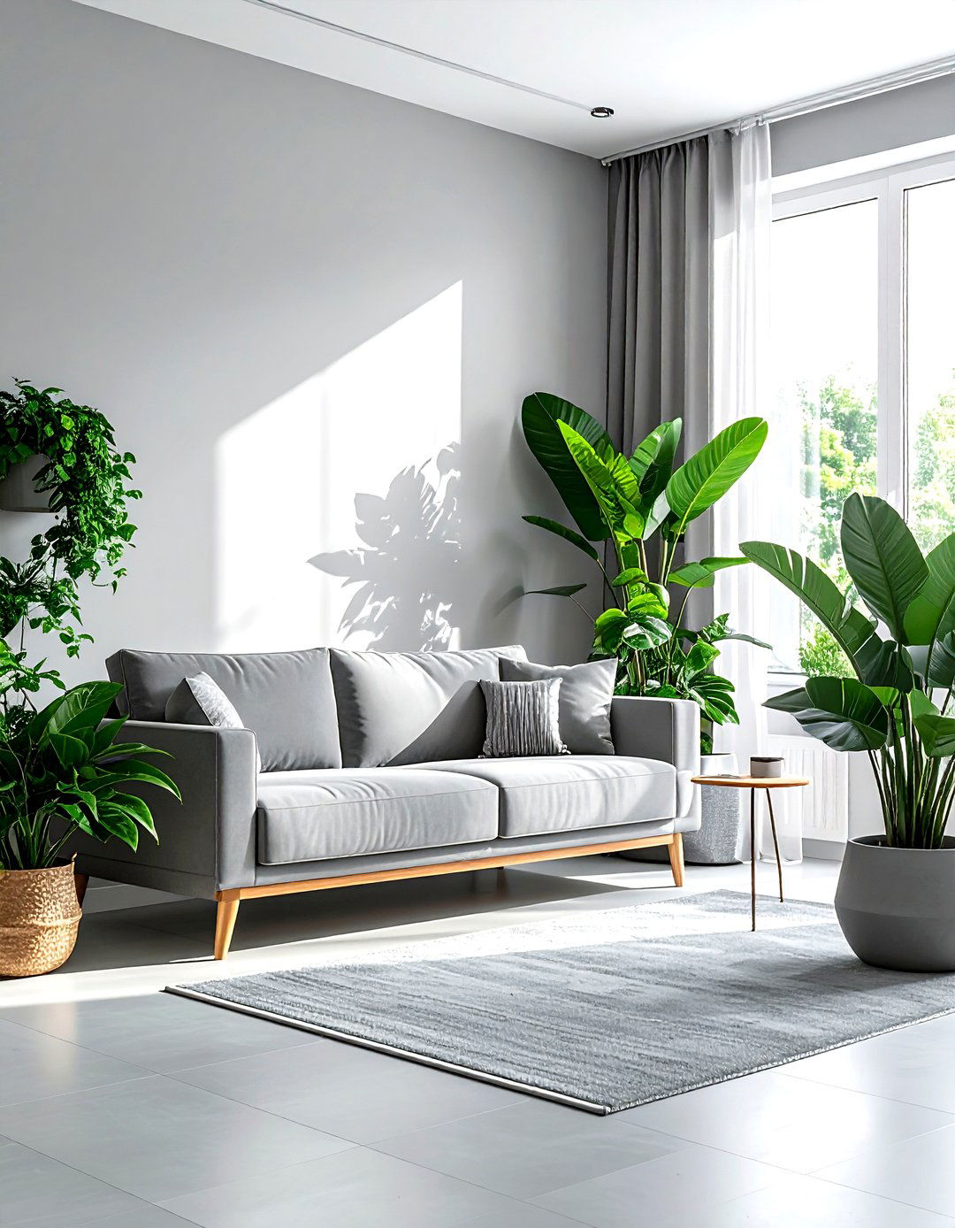 Gray living room with indoor plants - 30 minimalist gray living room ideas