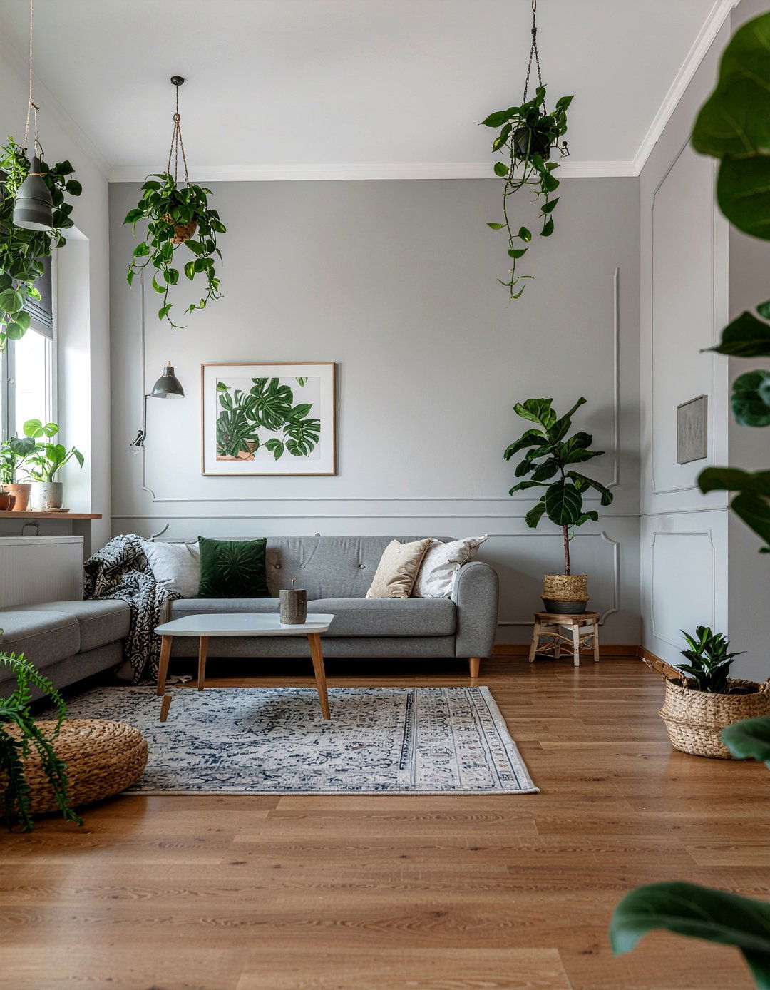 Gray living room with indoor plants - 30 living room gray walls