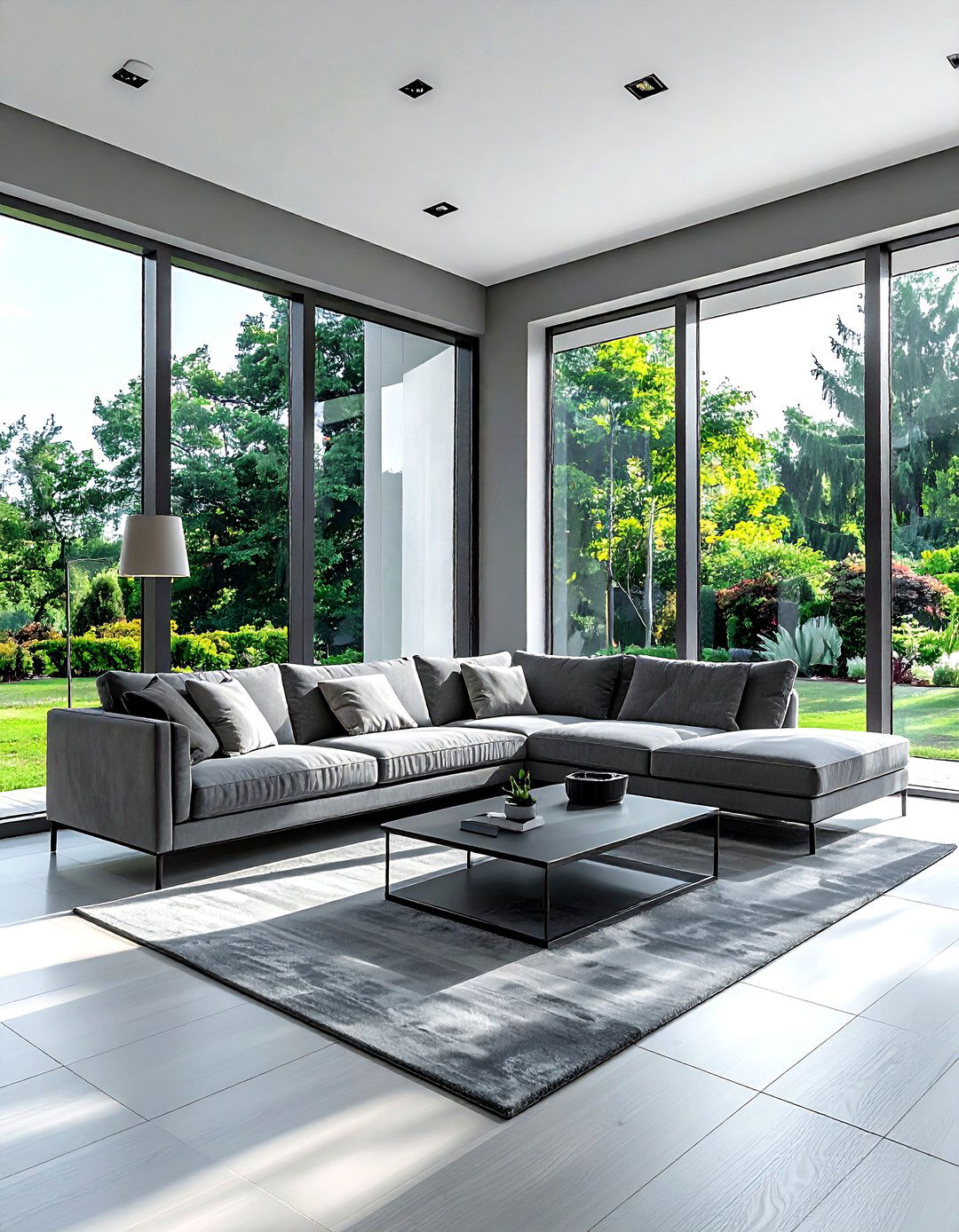 Gray living room with large windows - 30 minimalist gray living room ideas