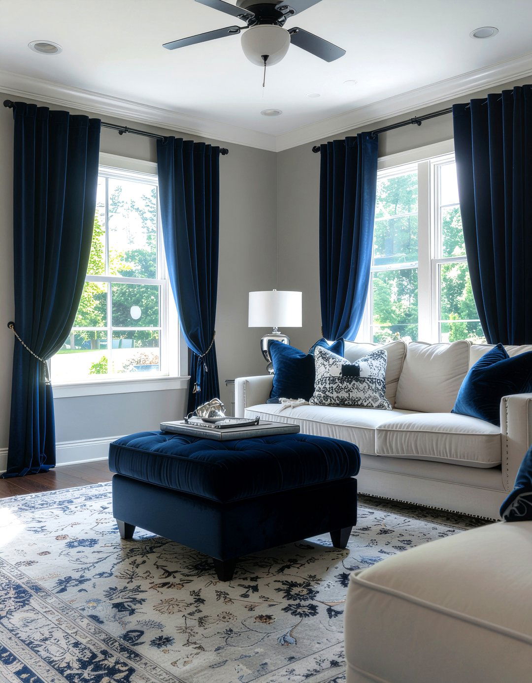 Gray living room with navy blue - 30 living room gray walls