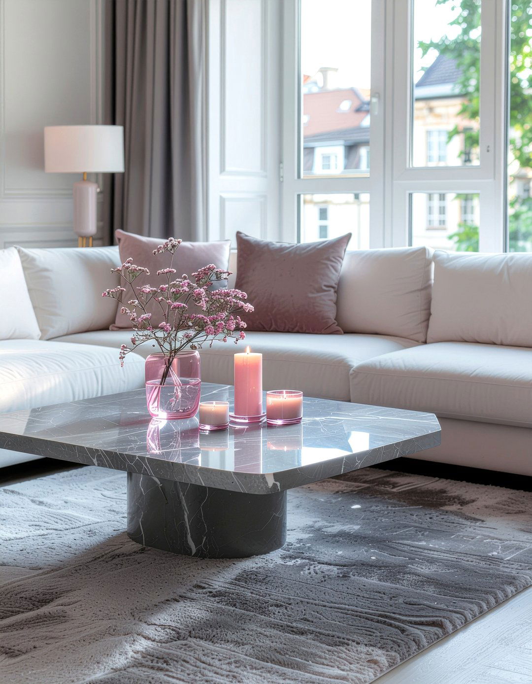 Gray marble coffee table pink accessories - 30 pink and gray living room ideas