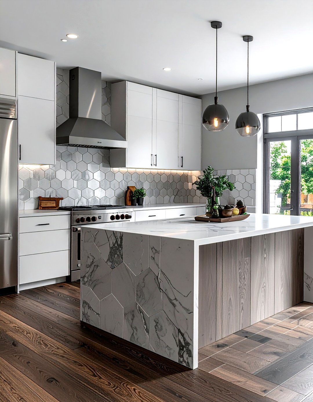 Gray marble hexagon tile - 30 hexagon tile kitchen backsplash ideas