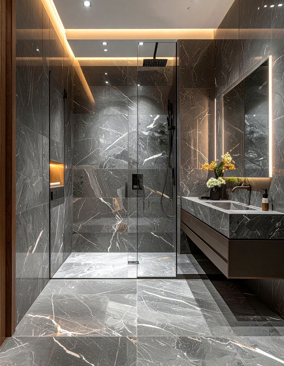 Gray marble walk in shower - 30 dark gray bathroom ideas