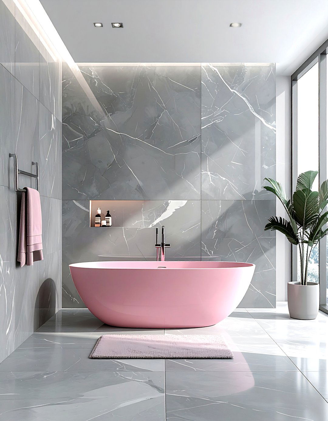 Gray marble wall - 30 pink and gray bathroom ideas