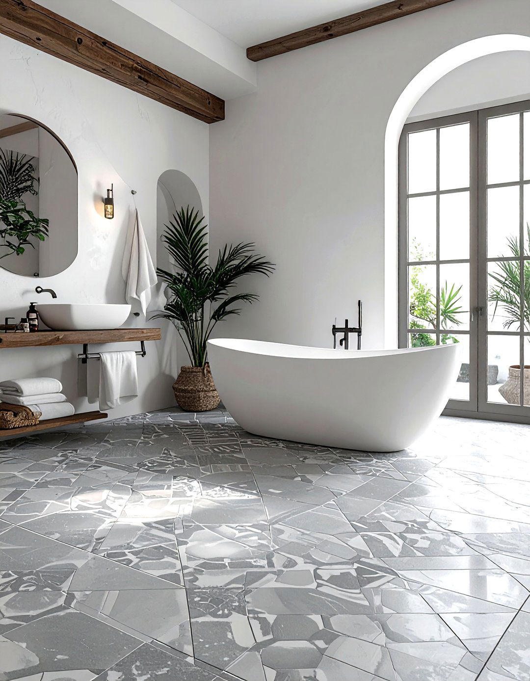 Gray patterned floor tiles - 30 gray bathroom decor ideas